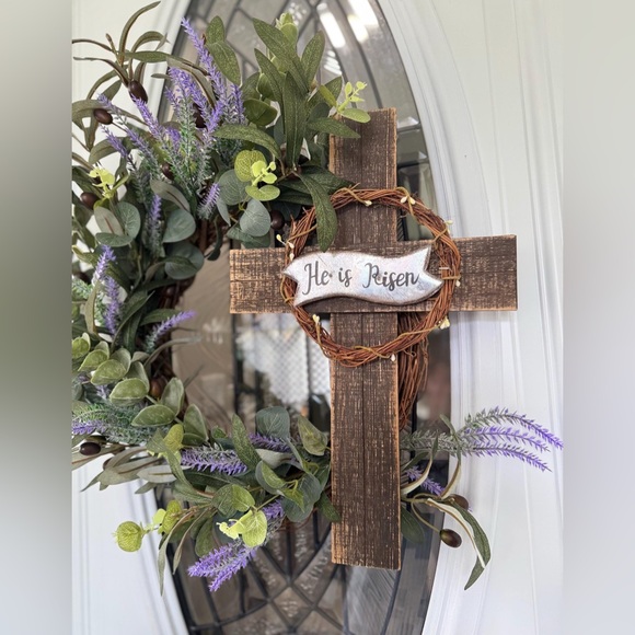 He Is Risen Easter Wreath • Christian Cross Spring Door Decor • 24” Grapevine - Picture 2 of 5